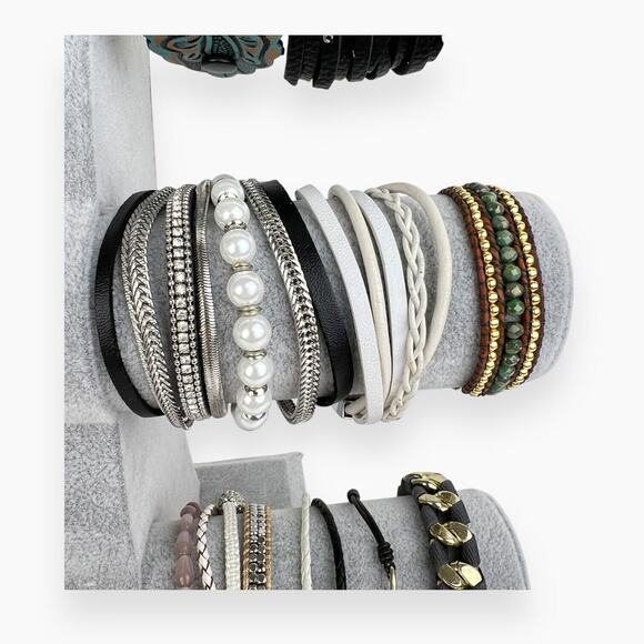 Bracelet Lot 21 Leather Wristband Strip Wrap Beaded Man Made Braided Cords Clasp - Picture 7 of 8